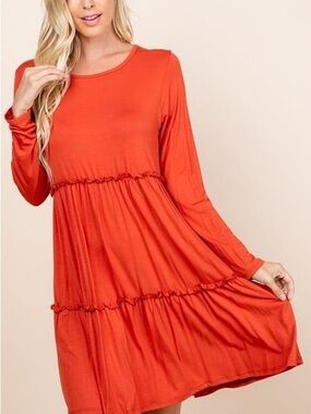 Plus Size XXXL Women's Long-Sleeve Tiered Swing Dress in Burnt Orange